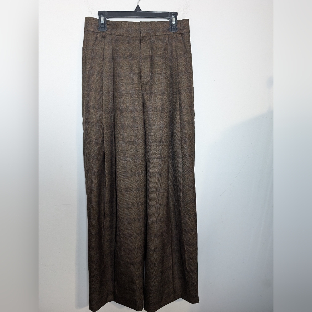 Banana Republic Wide Leg High Rise Trouser Pleated Brown Plaid Preppy Old Money
